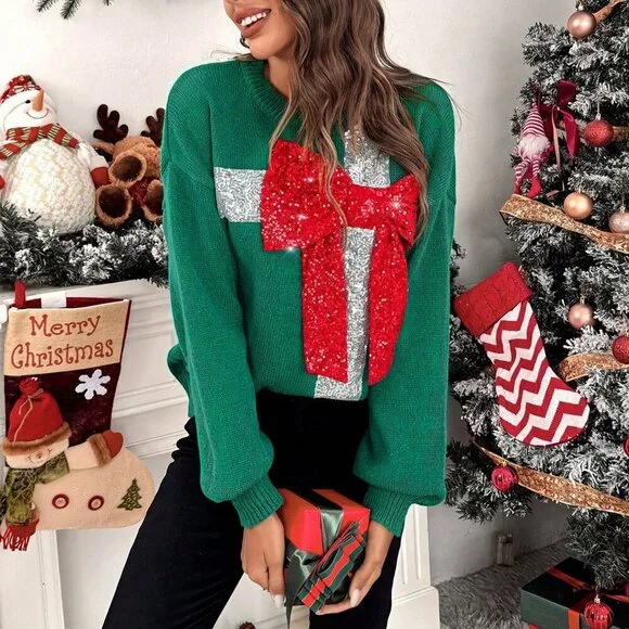 Multicolor Casual Women's Christmas Bow & Sequins Embellished Elegant Sweater - Picture 4 of 6